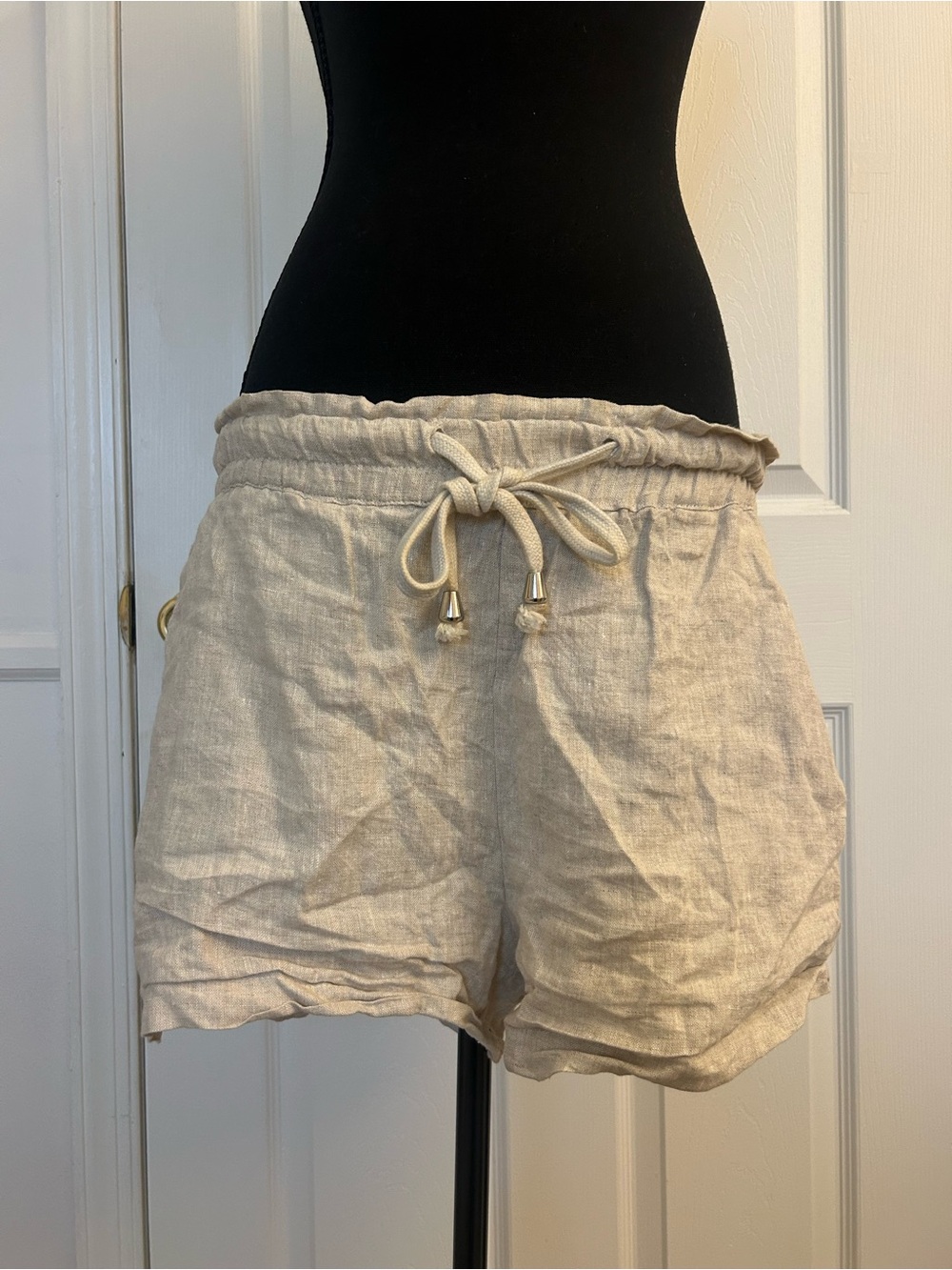 Princess Polly High-Waist Linen Drawstring Shorts in Natural Beige